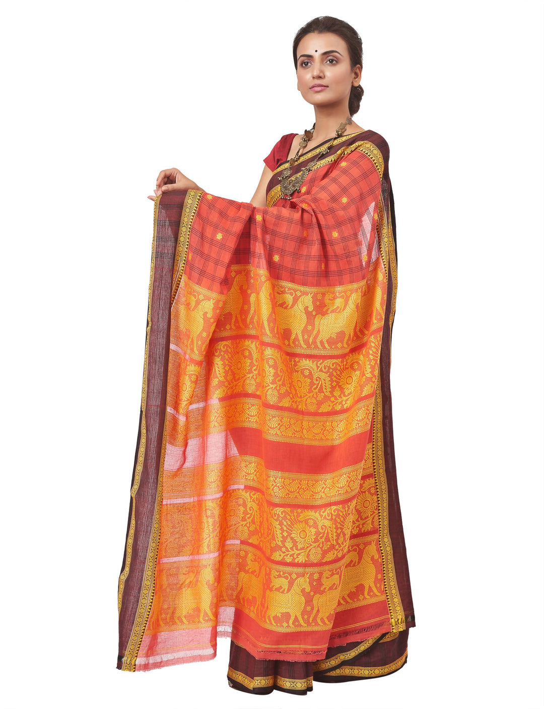 Biswa bangla handwoven red Hand Spun Pure Cotton Saree