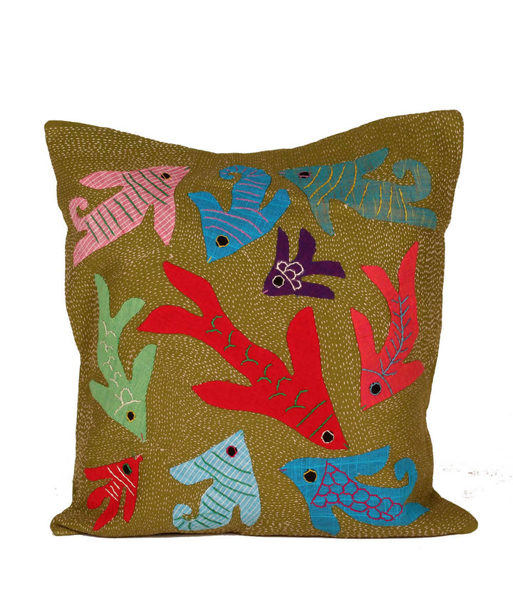 Olive green handcrafted patch work cotton cushion cover
