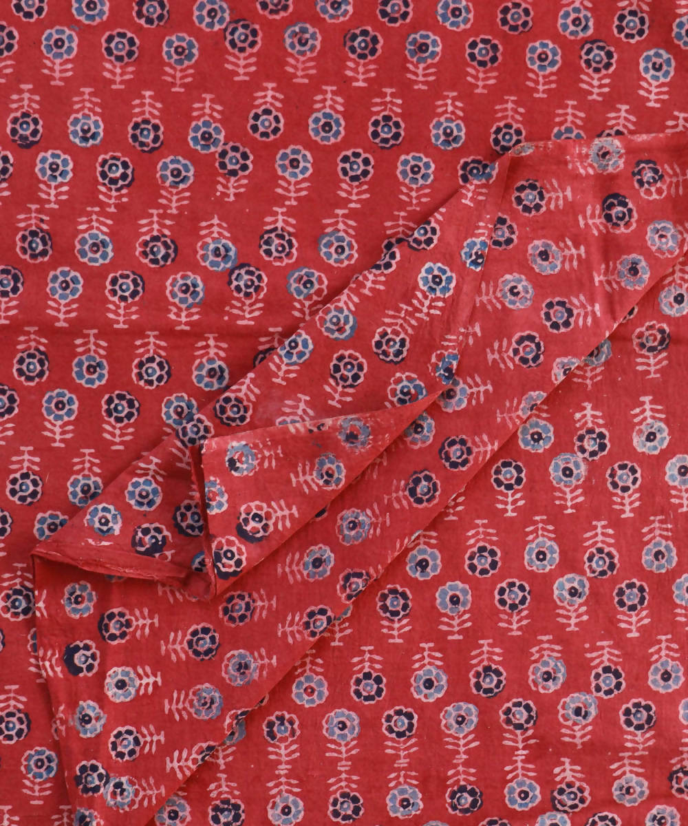 Red natural dye hand block printed cotton fabric