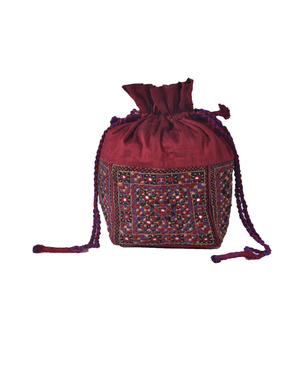 Maroon hand embroidery silk potli