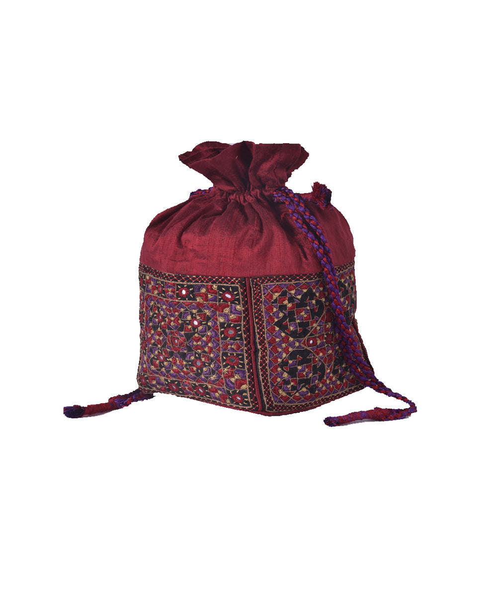 Maroon hand embroidery silk potli
