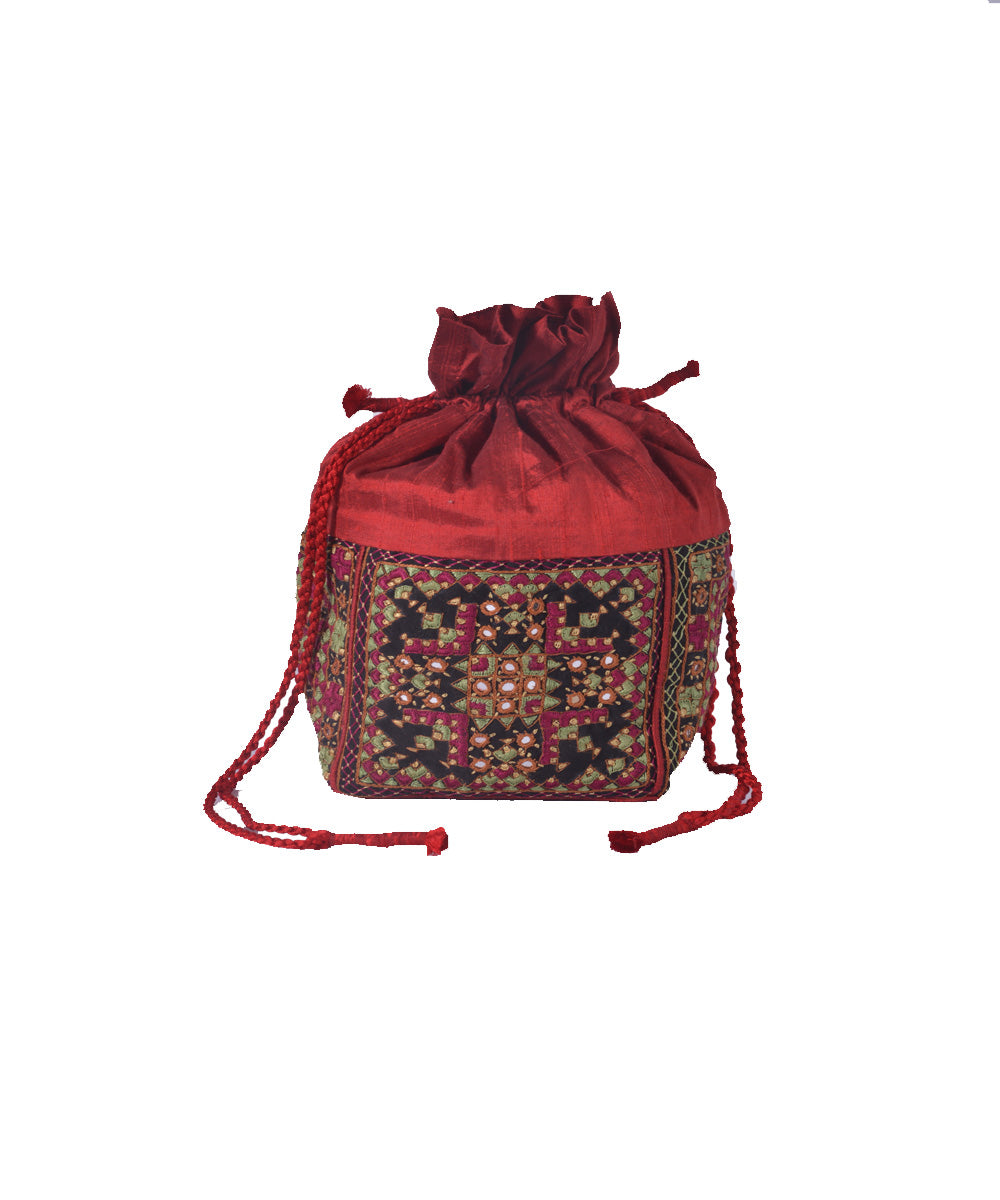 Red hand embroidery silk potli