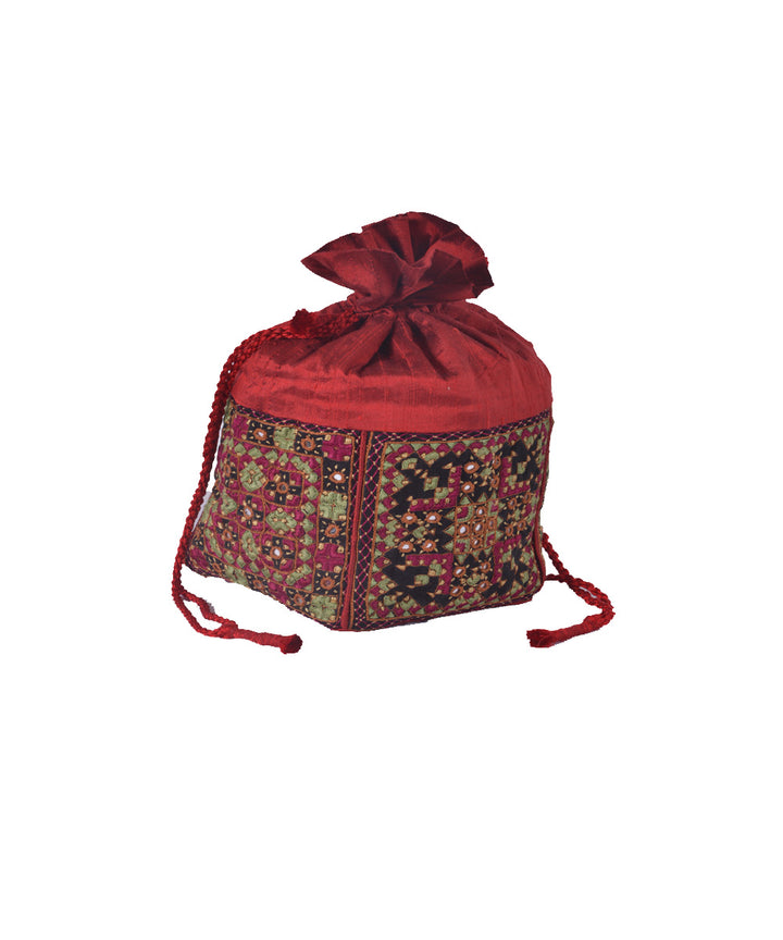 Red hand embroidery silk potli