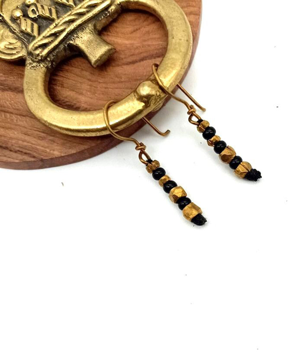 Golden metal beads and black thread handmade brass earring