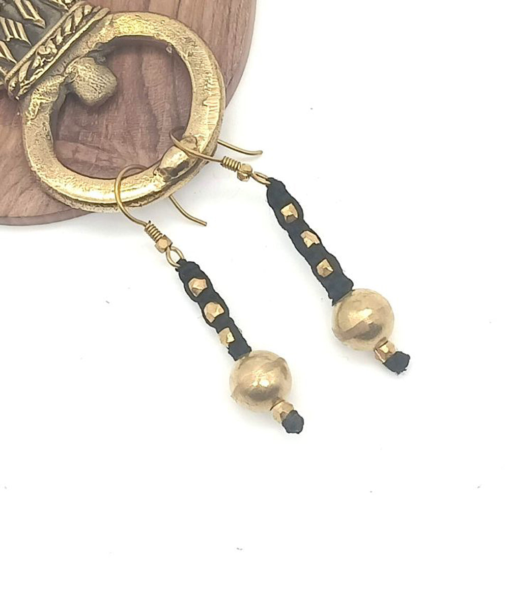 Golden metal beads and thread handmade brass earring