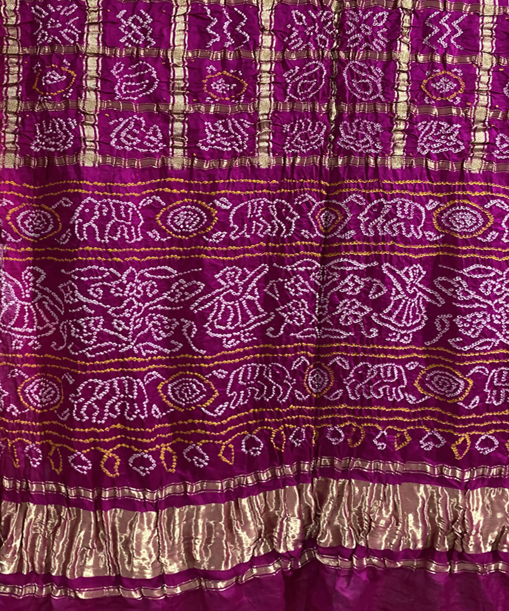 Pink hand printed bandhani gajji silk saree