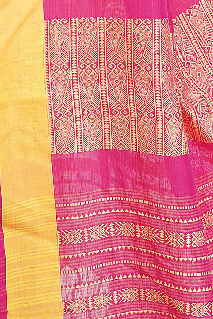 Handloom bengal pink and yellow cotton saree
