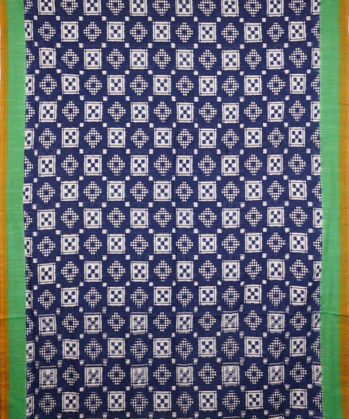 Blue and green cotton handloom double ikat pochampally saree