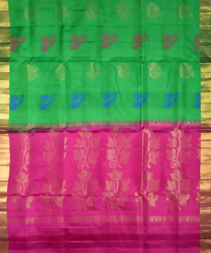 Parrot Green Pink Handloom Embossed Work Soft Silk Saree