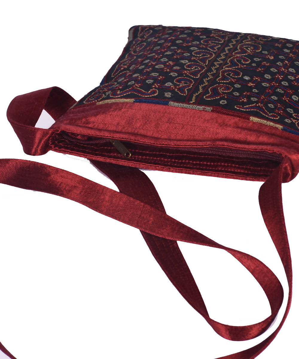 Maroon blue hand embroidery mashroo cross body bag
