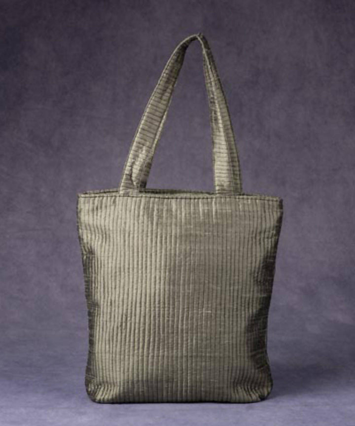 Ash grey hand made silk tote bag with leather and handle