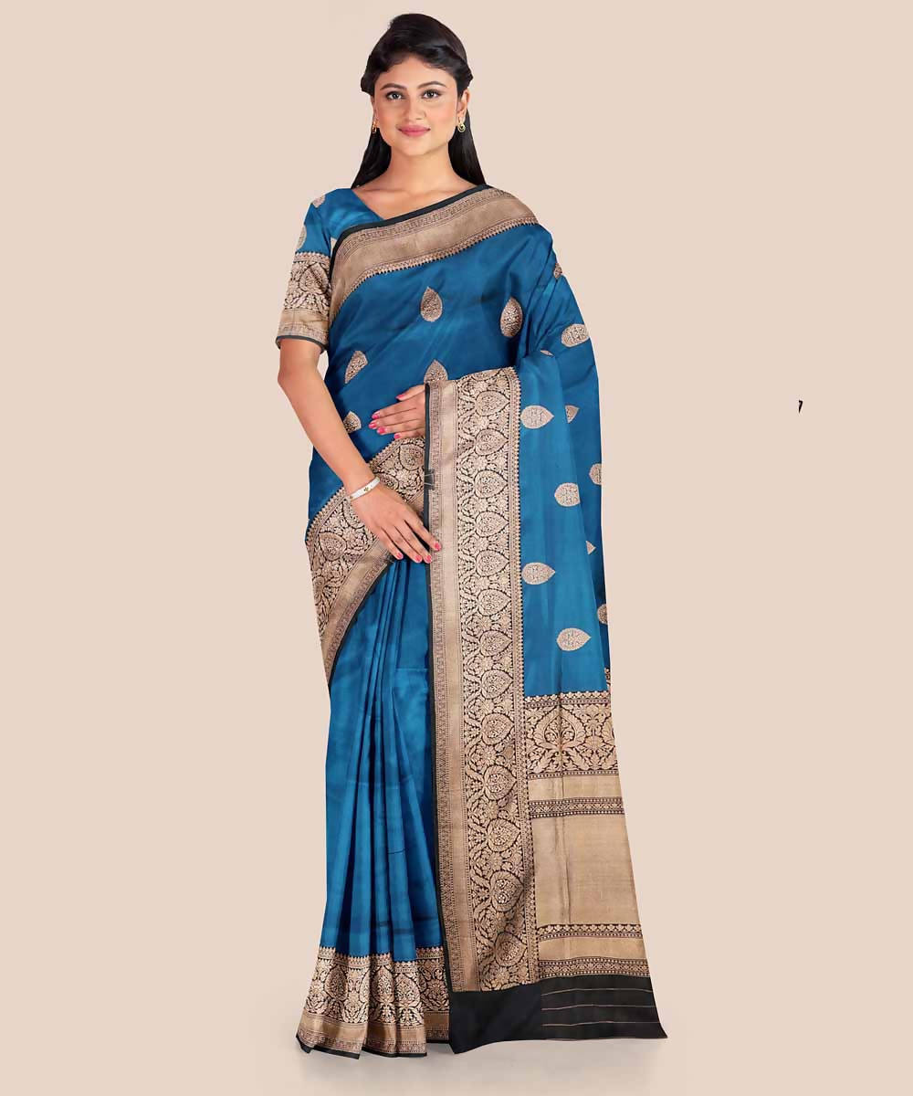 Bright navy blue handwoven silk banarasi saree