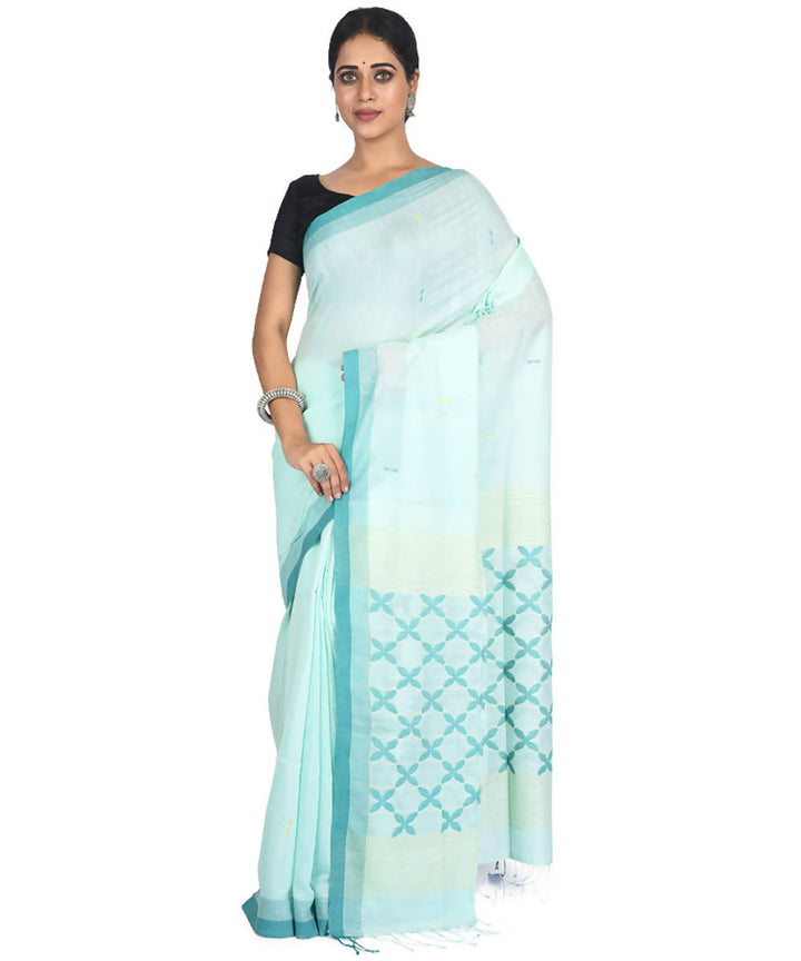 Light green and white handwoven bengal cotton silk saree