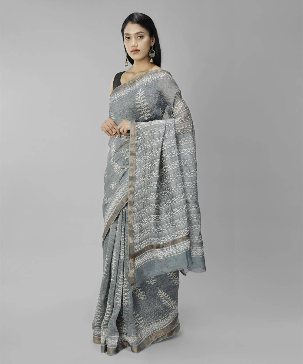 Light grey bagru handblock printed linen saree