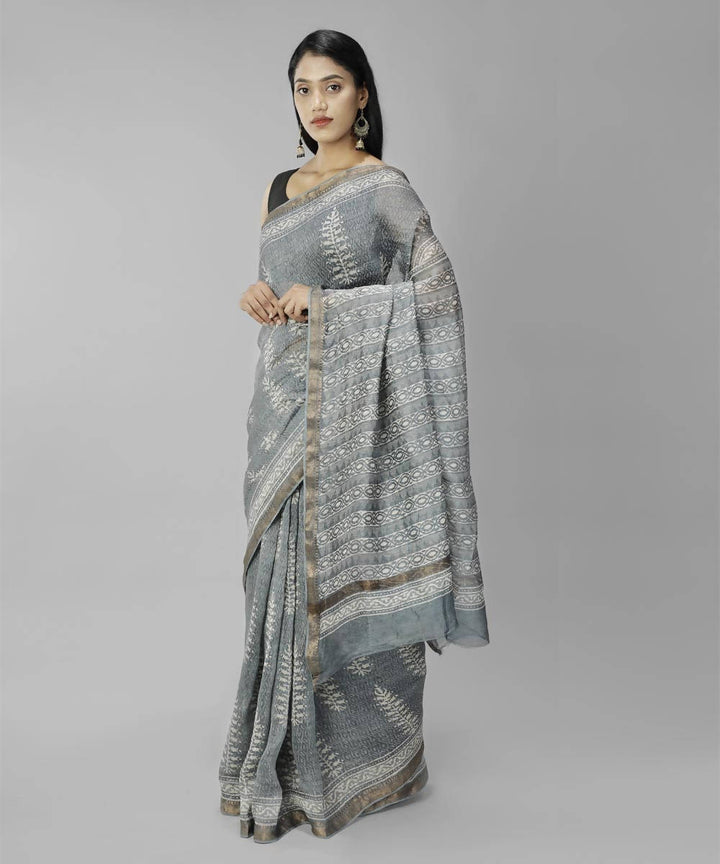 Light grey bagru handblock printed linen saree