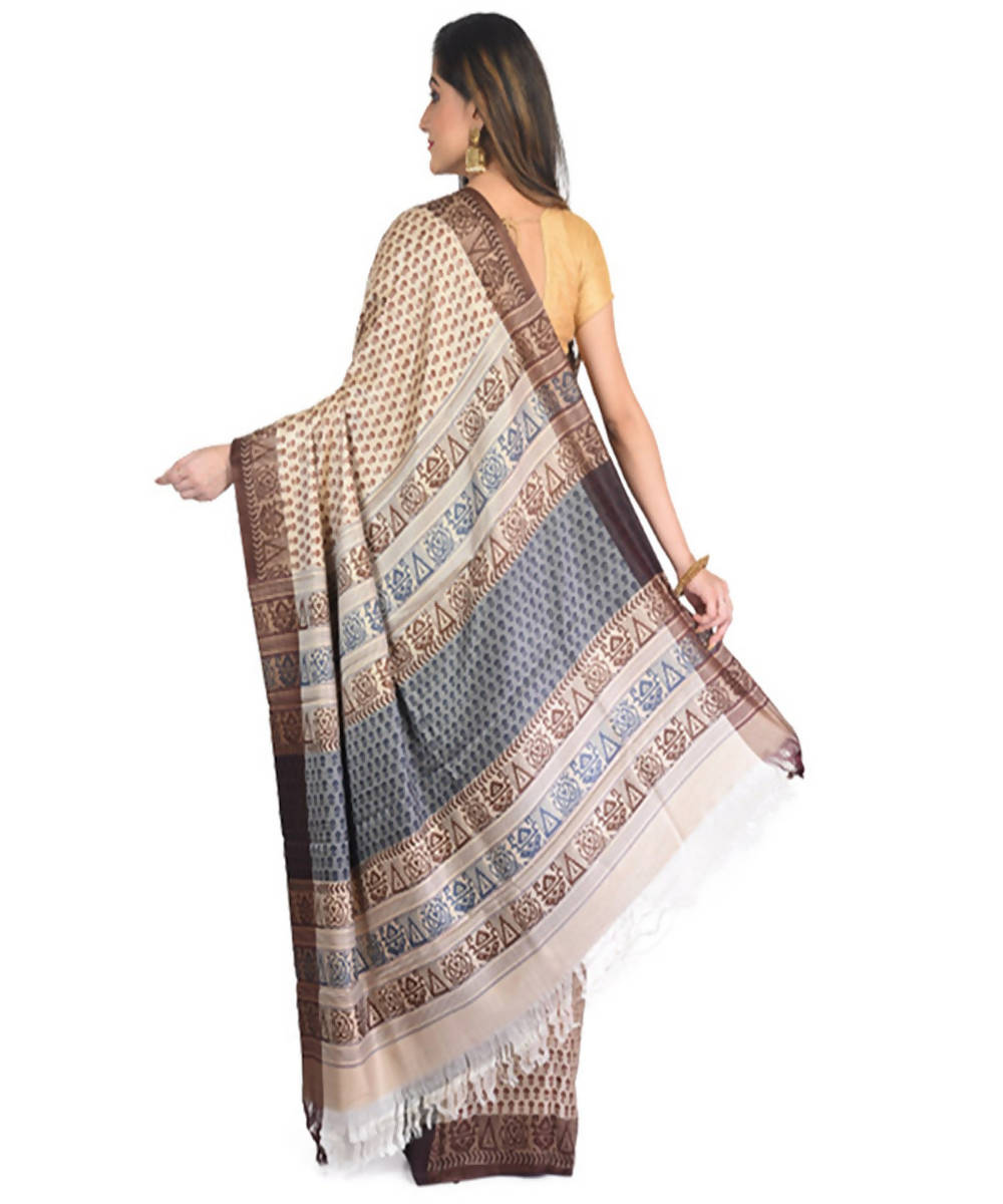 Beige hand block printed eri silk saree