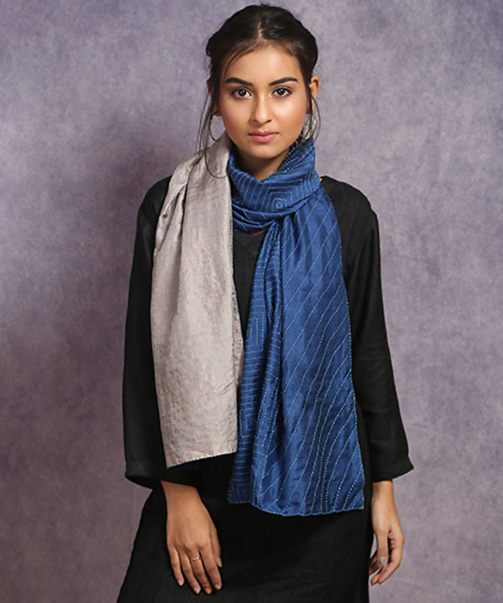 Navy beige hand embroidery reversible silk stole