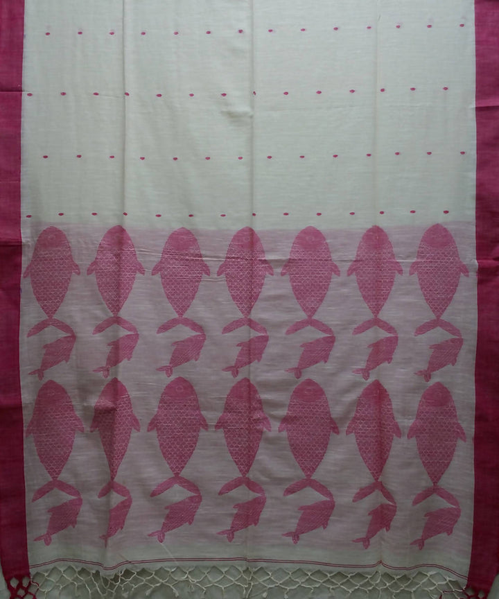 Bengal handspun handwoven cotton Off white with Pink saree