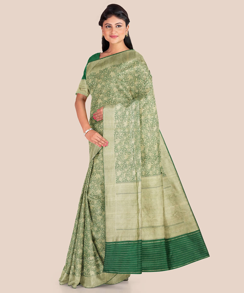 Bottle green beige handloom silk katan banarasi saree