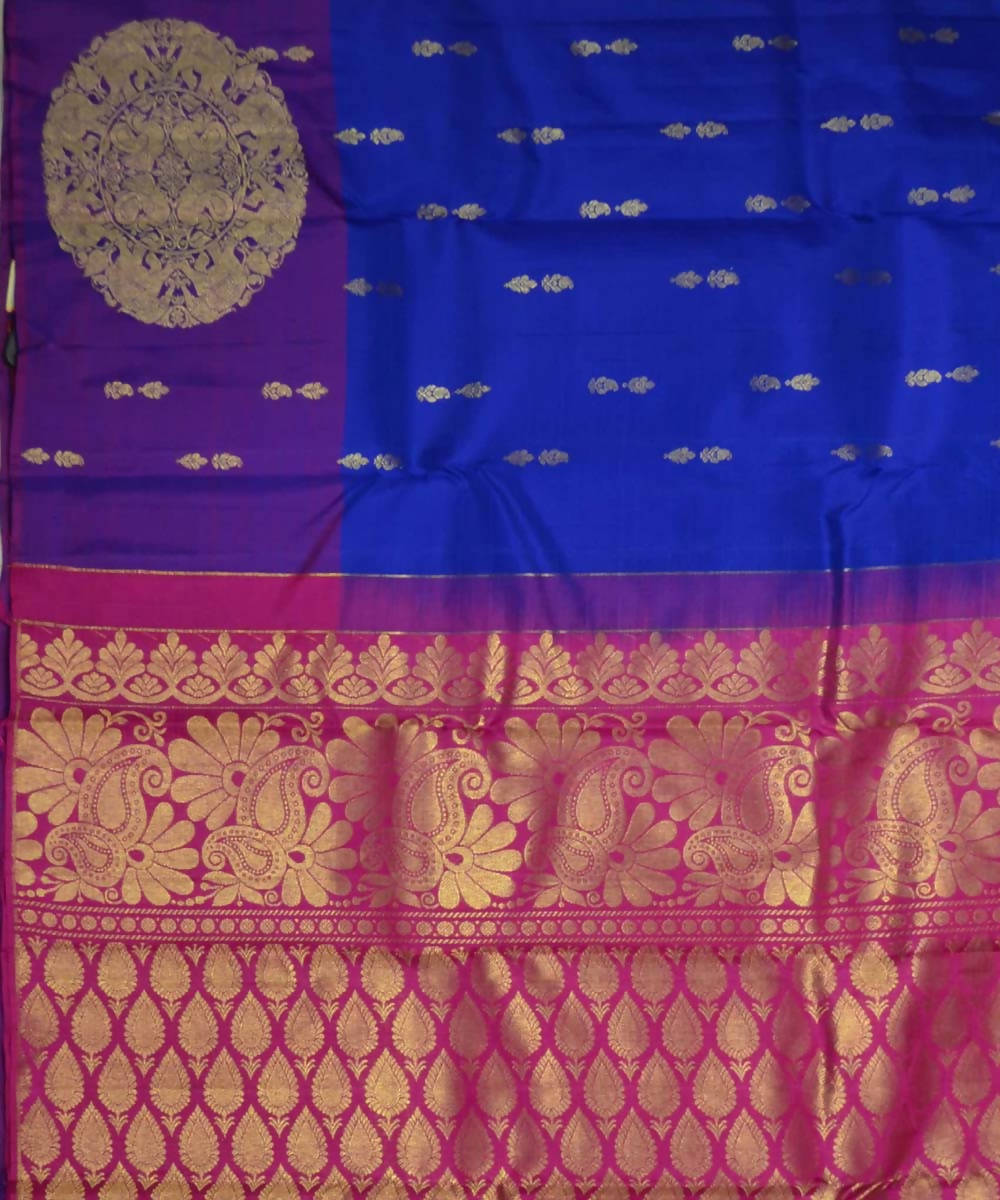 Royal Blue Pink Handloom Floral Motif Dharmavaram Silk Saree