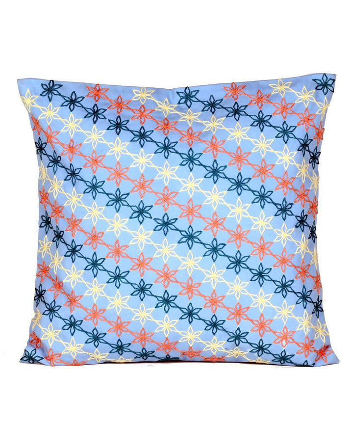 Sky blue handcrafted aari embroidery cotton cushion cover