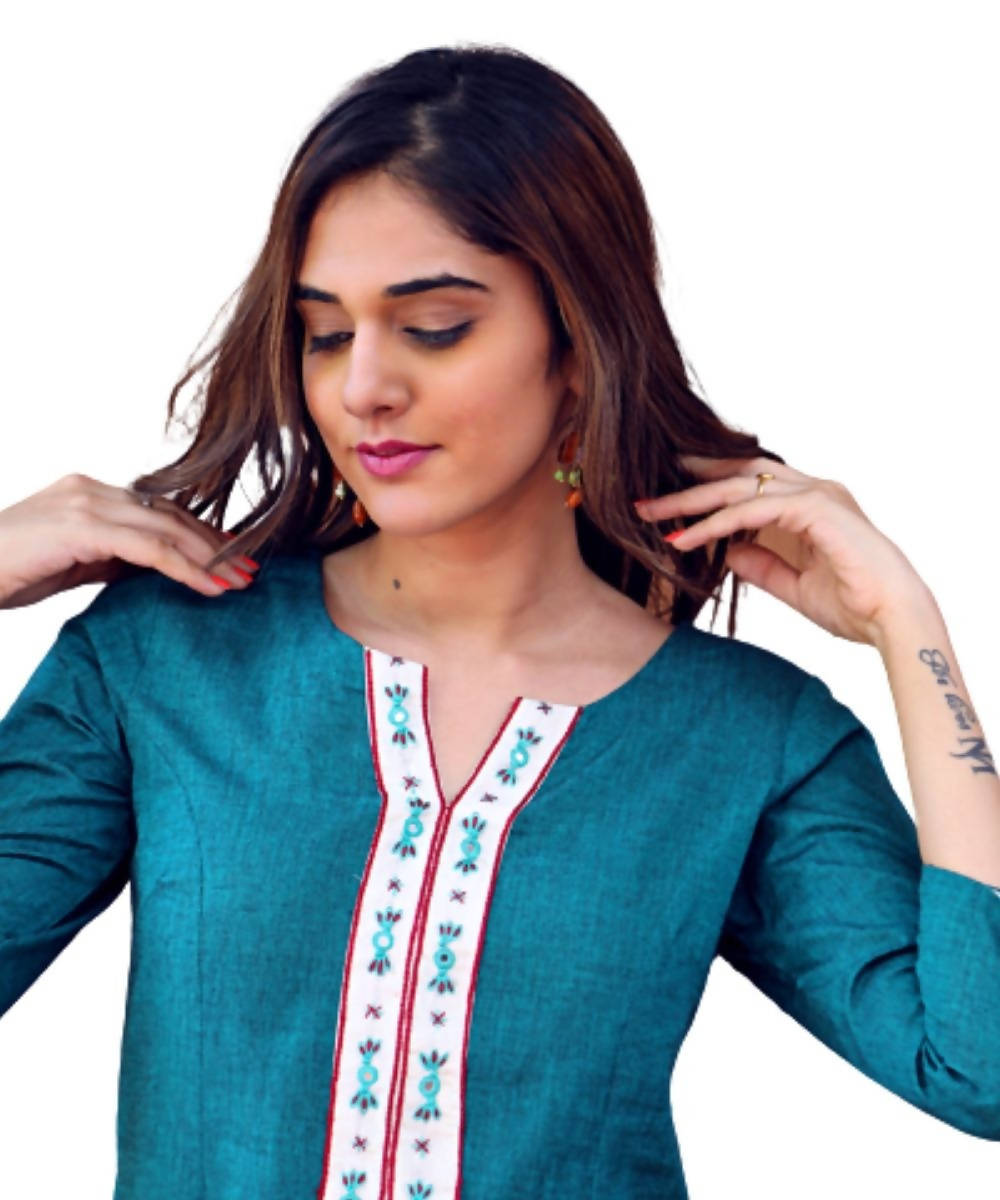 Teal blue A line mangalagiri cotton kurti with banjara embroidery