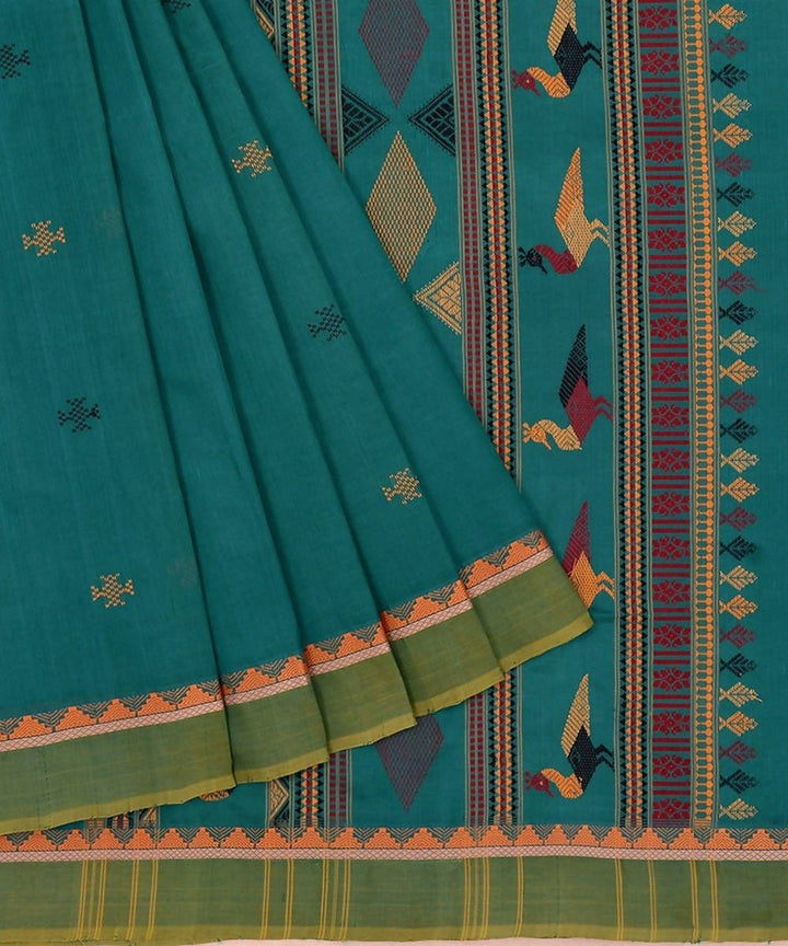 Rama green kanchi silkcotton saree with bomkai thread work pallu