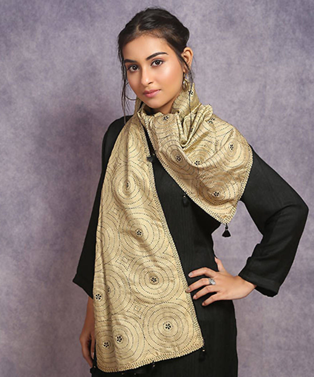 Beige off white hand embroidery reversible silk stole