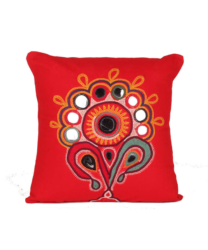 Crimson red handcrafted soi embroidery cotton cushion cover