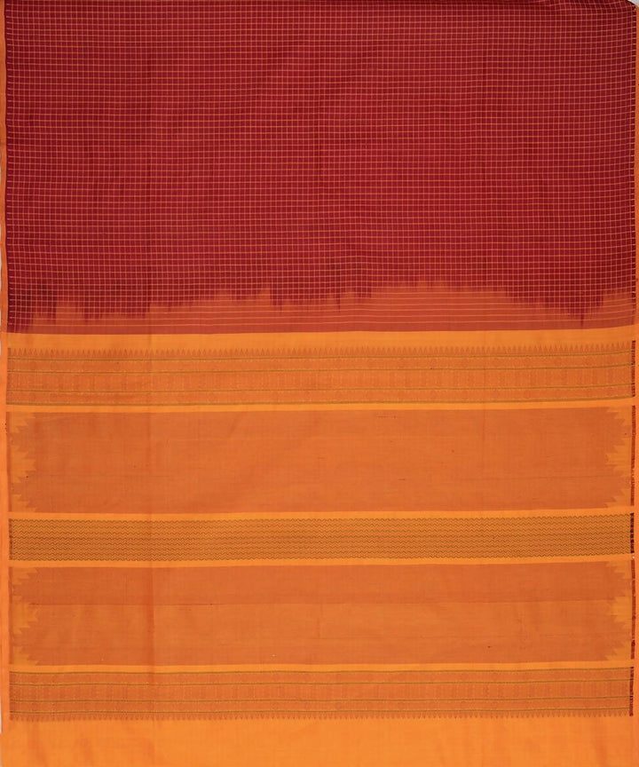 Maroon kanchi silk cotton saree with checks and mustard pallu