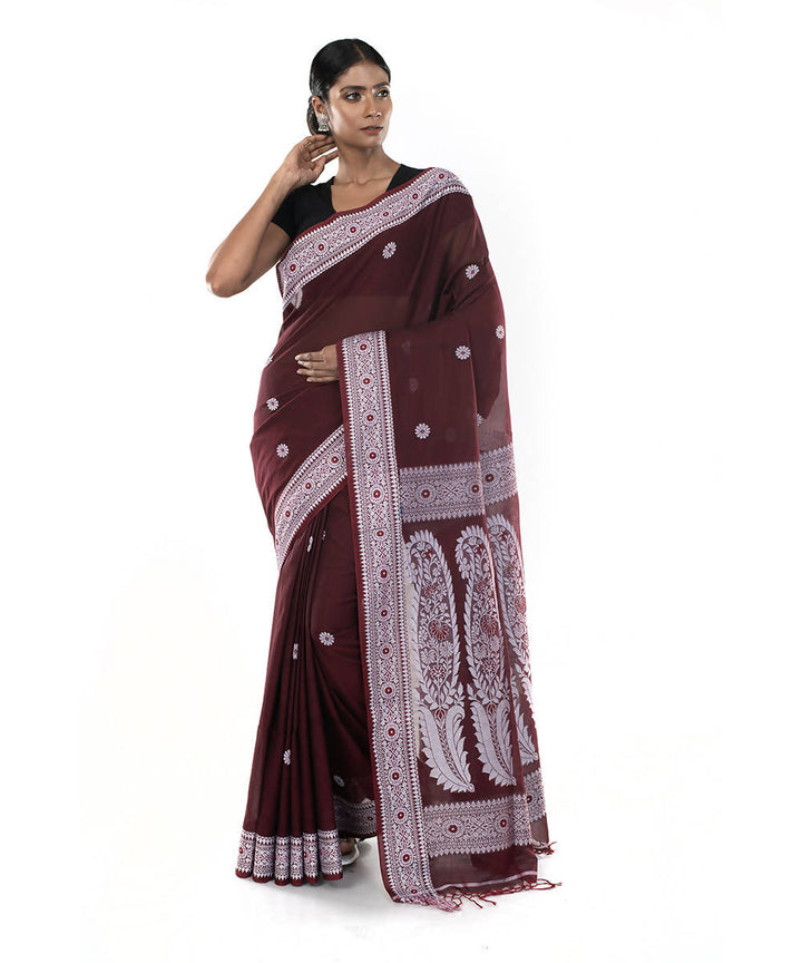 Maroon handloom tangail bengal cotton saree