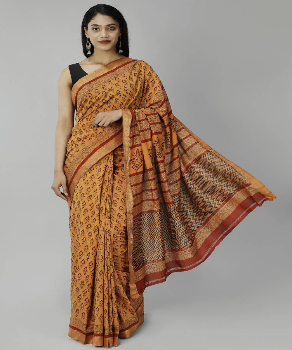 Deep carrot orange bagru handblock printed cotton saree