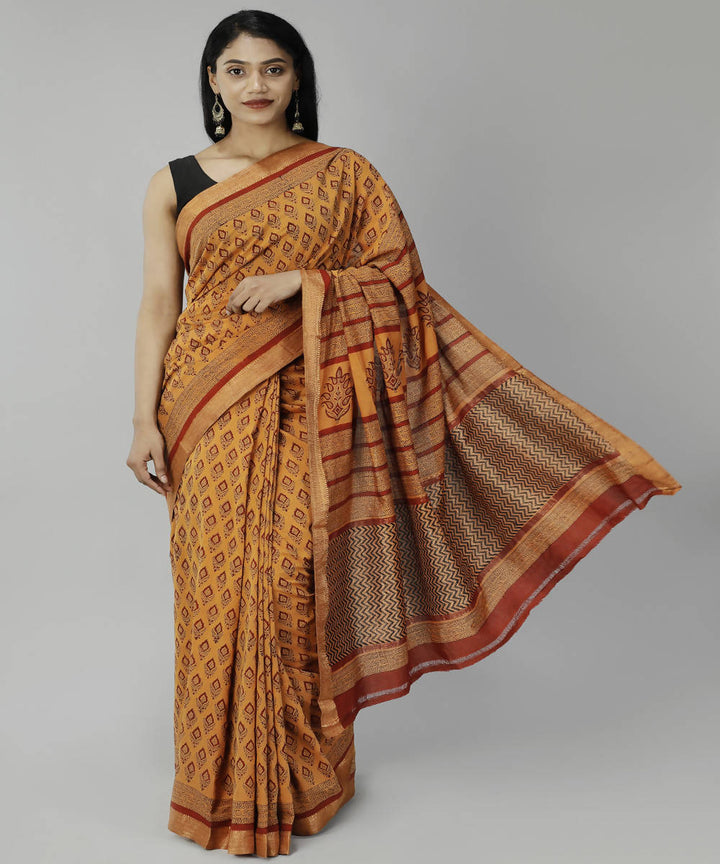 Deep carrot orange bagru handblock printed cotton saree