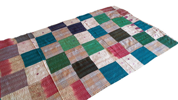 Multi color hand stitched patchwork kantha silk shawl