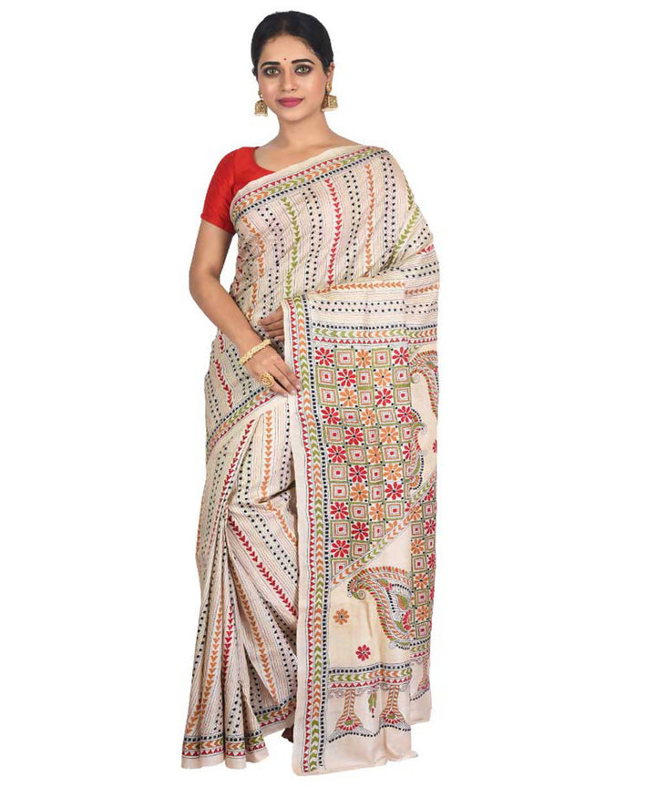 Cream bengal kantha stitch hand embroidery tussar silk saree