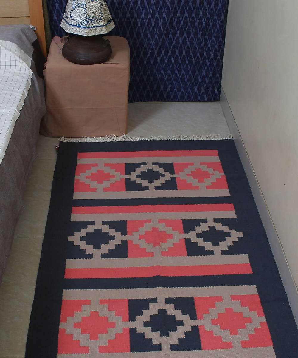 Pink and Black Handwoven Cotton Dhurrie