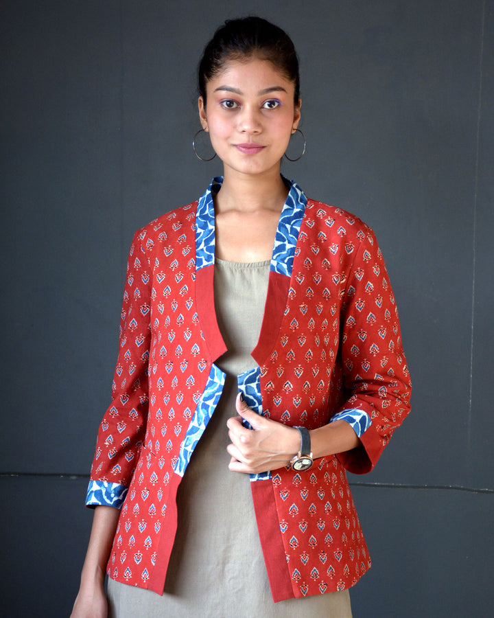 Red handcrafted ajrakh cotton reversible jacket