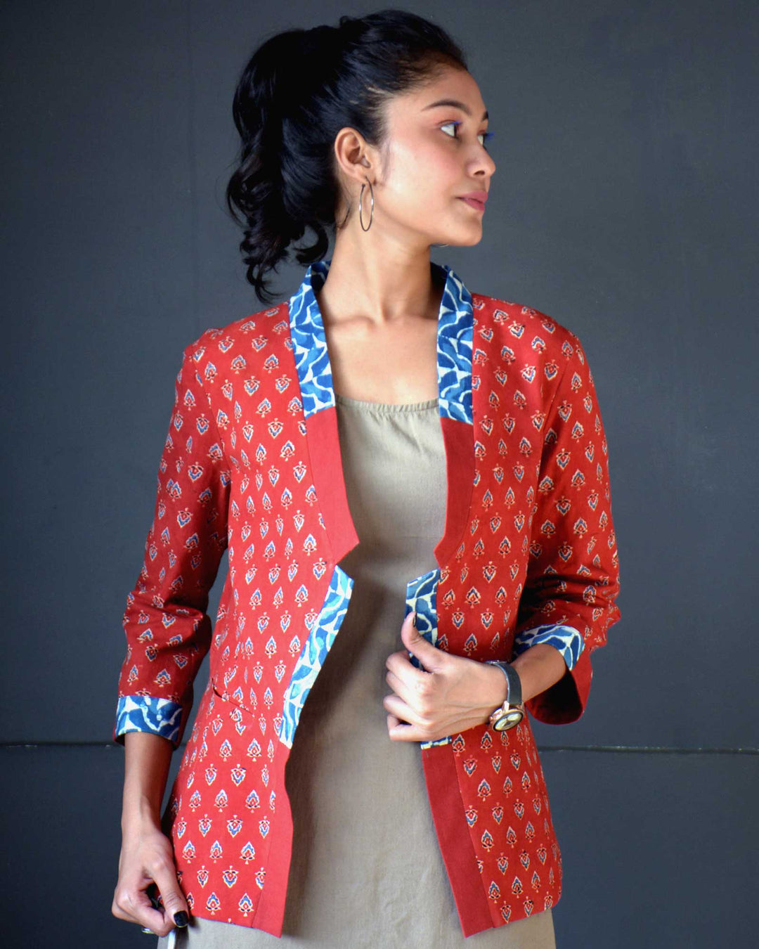 Red handcrafted ajrakh cotton reversible jacket