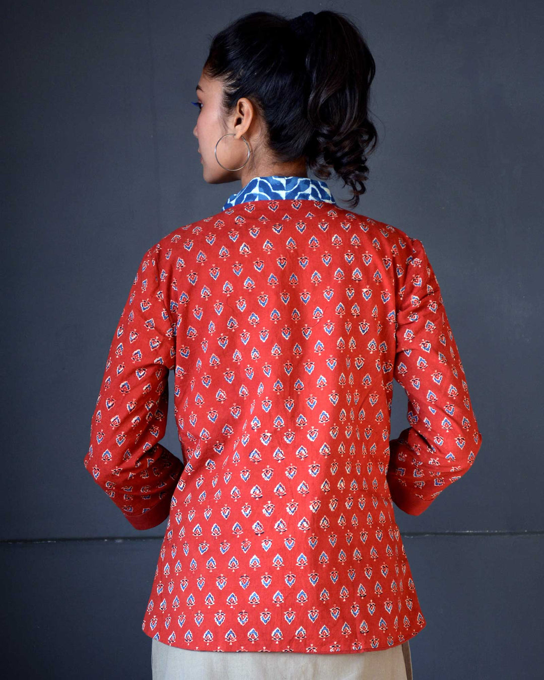 Red handcrafted ajrakh cotton reversible jacket