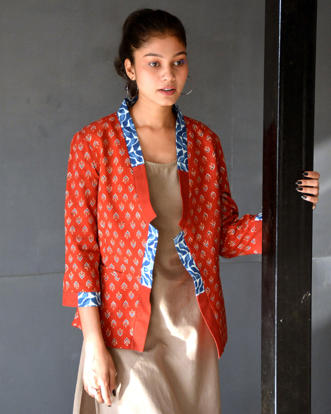Red handcrafted ajrakh cotton reversible jacket