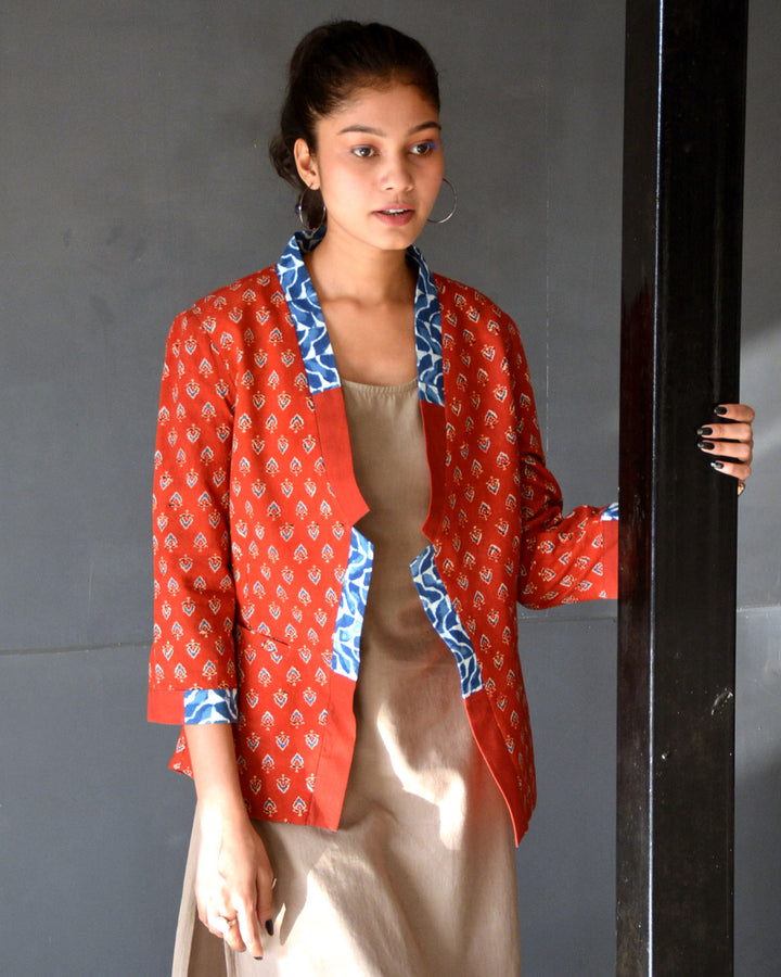 Red handcrafted ajrakh cotton reversible jacket