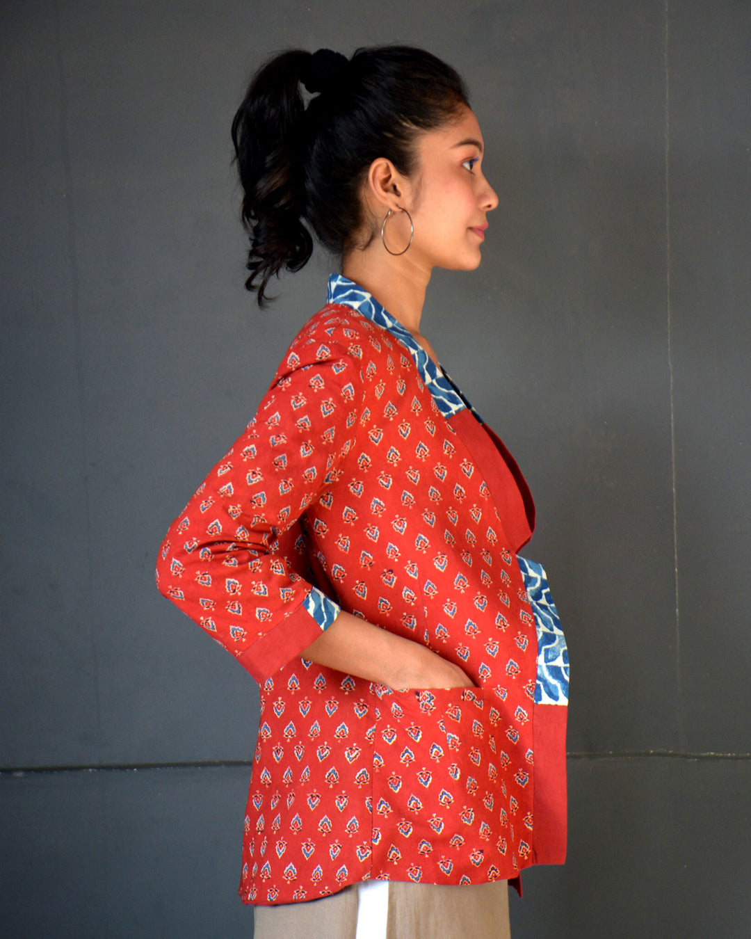 Red handcrafted ajrakh cotton reversible jacket