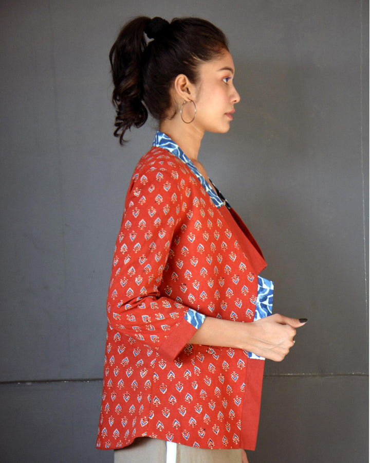 Red handcrafted ajrakh cotton reversible jacket