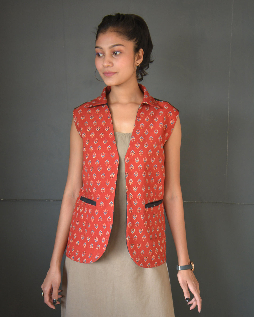 Red black handcrafted cotton ikat reversible jacket