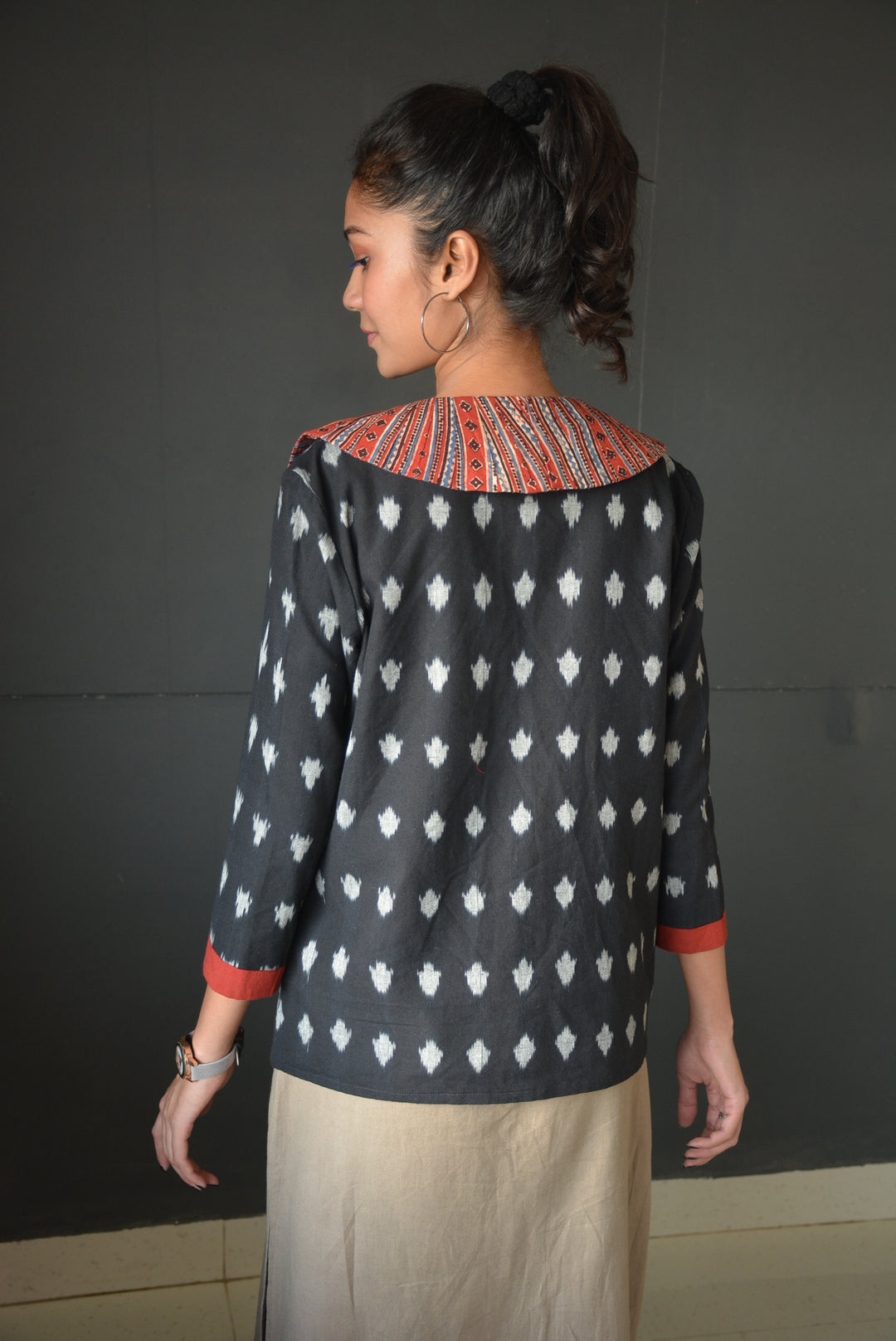 Black handcrafted cotton ikat reversible jacket