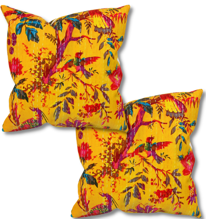 Yellow handcrafted kantha work cotton cushion covers set of 2