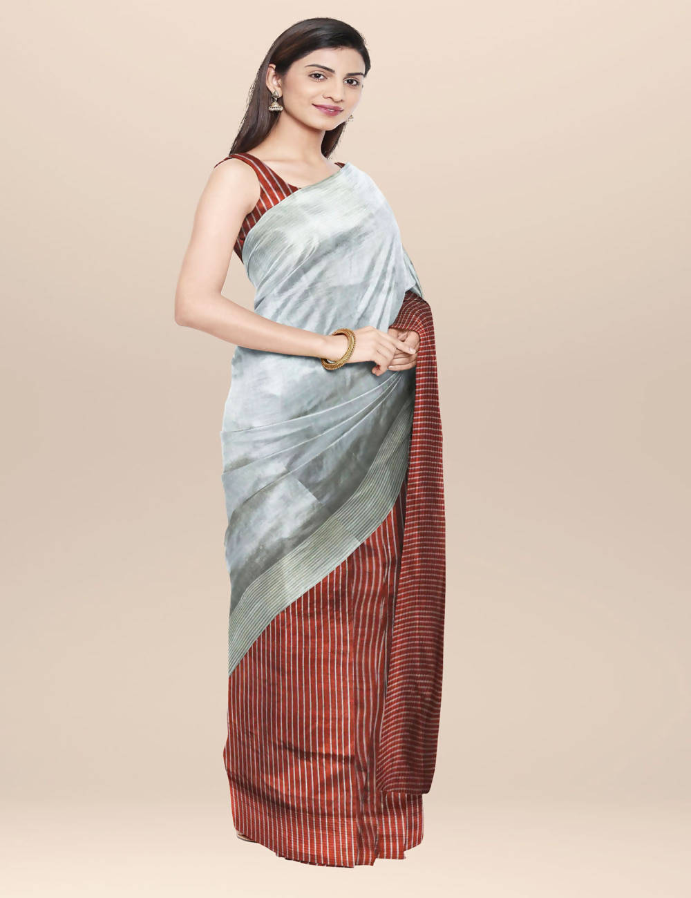 Grey and maroon handwoven half and half striped silk saree