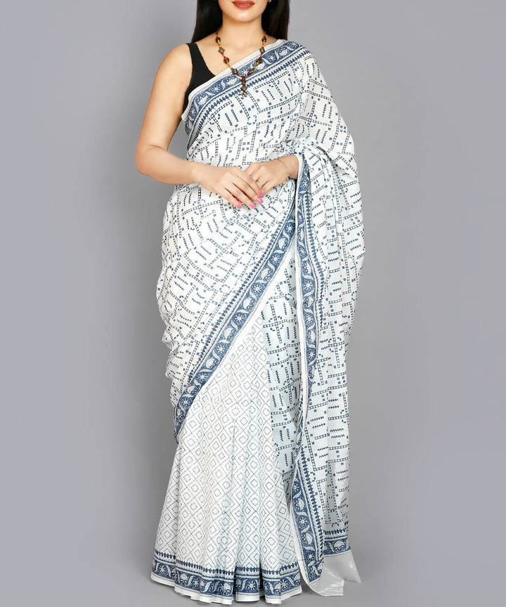 Kiara crafts white half and half hand block print mul cotton saree