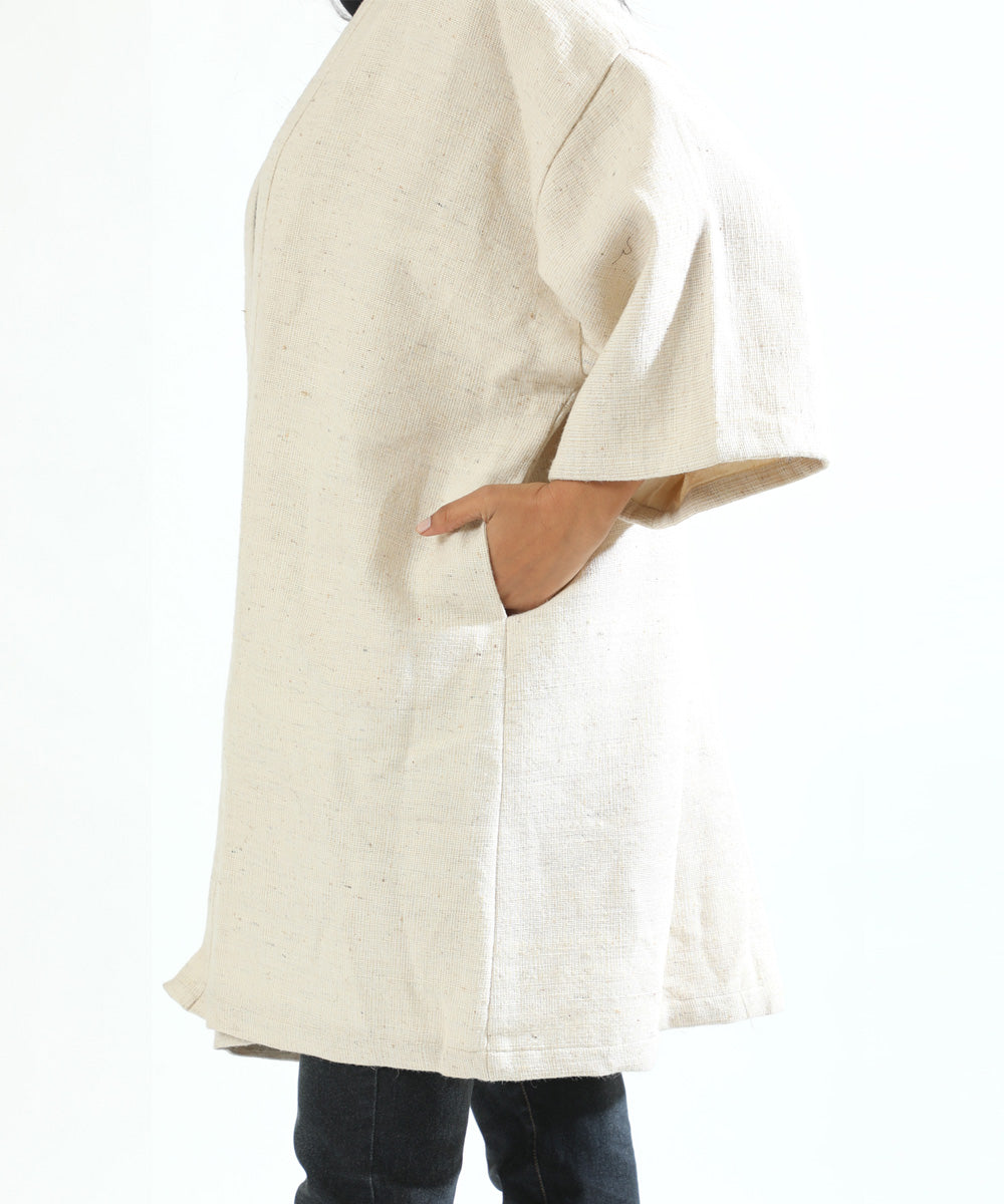 Offwhite handwoven woollen long jacket with bolero sleeve
