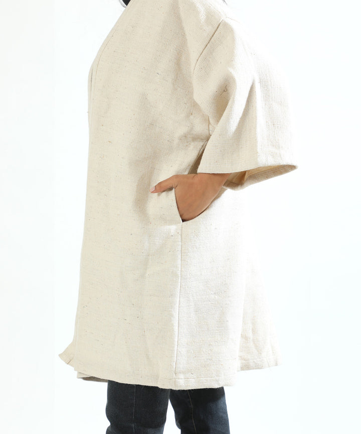 Offwhite handwoven woollen long jacket with bolero sleeve